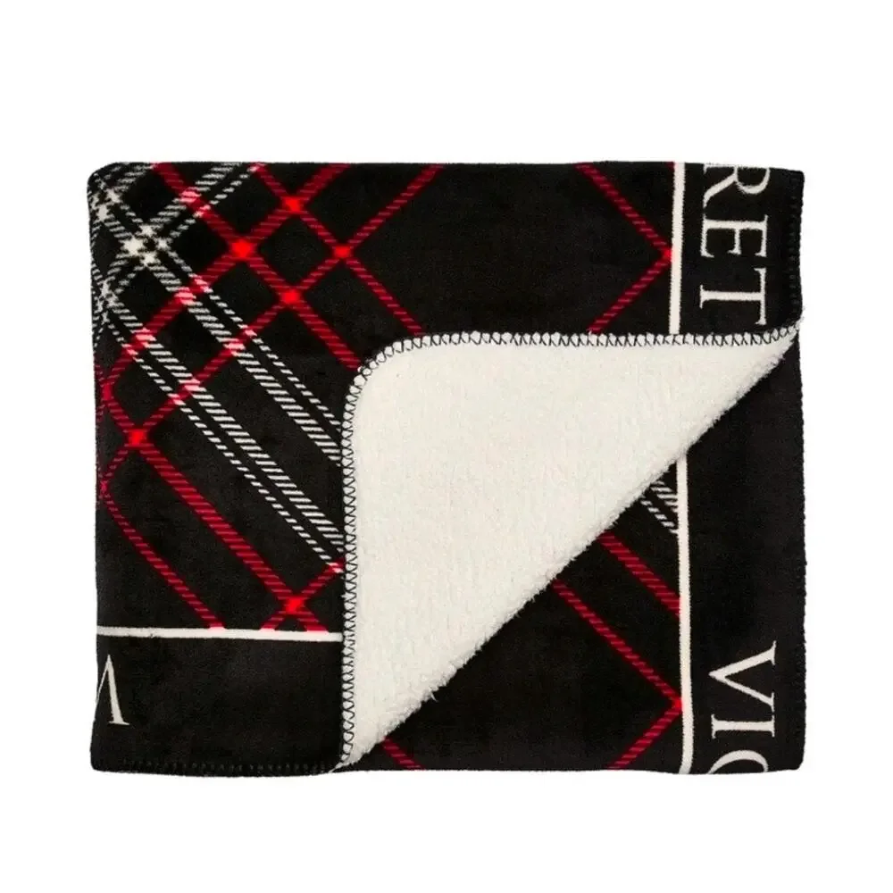 Victoria's Secret Black and Red Plaid Cozy Plush Fleece Sherpa Throw Blanket